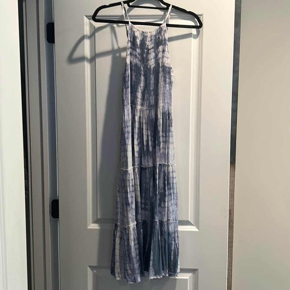 blue and white tye dye dress